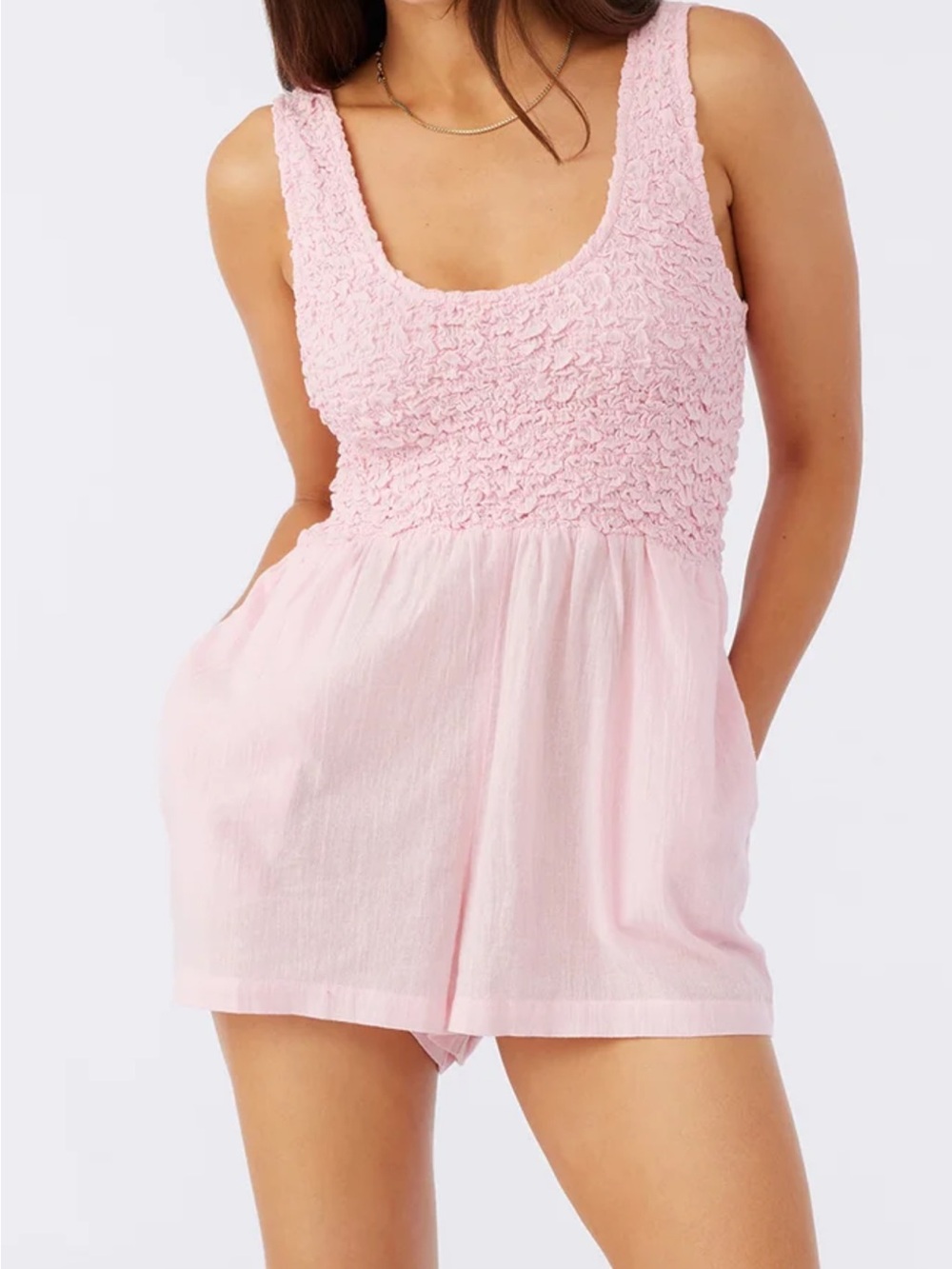 O'Neill Sydney Coverup Romper textured smocked bodice breezy pink fabric Size XS
